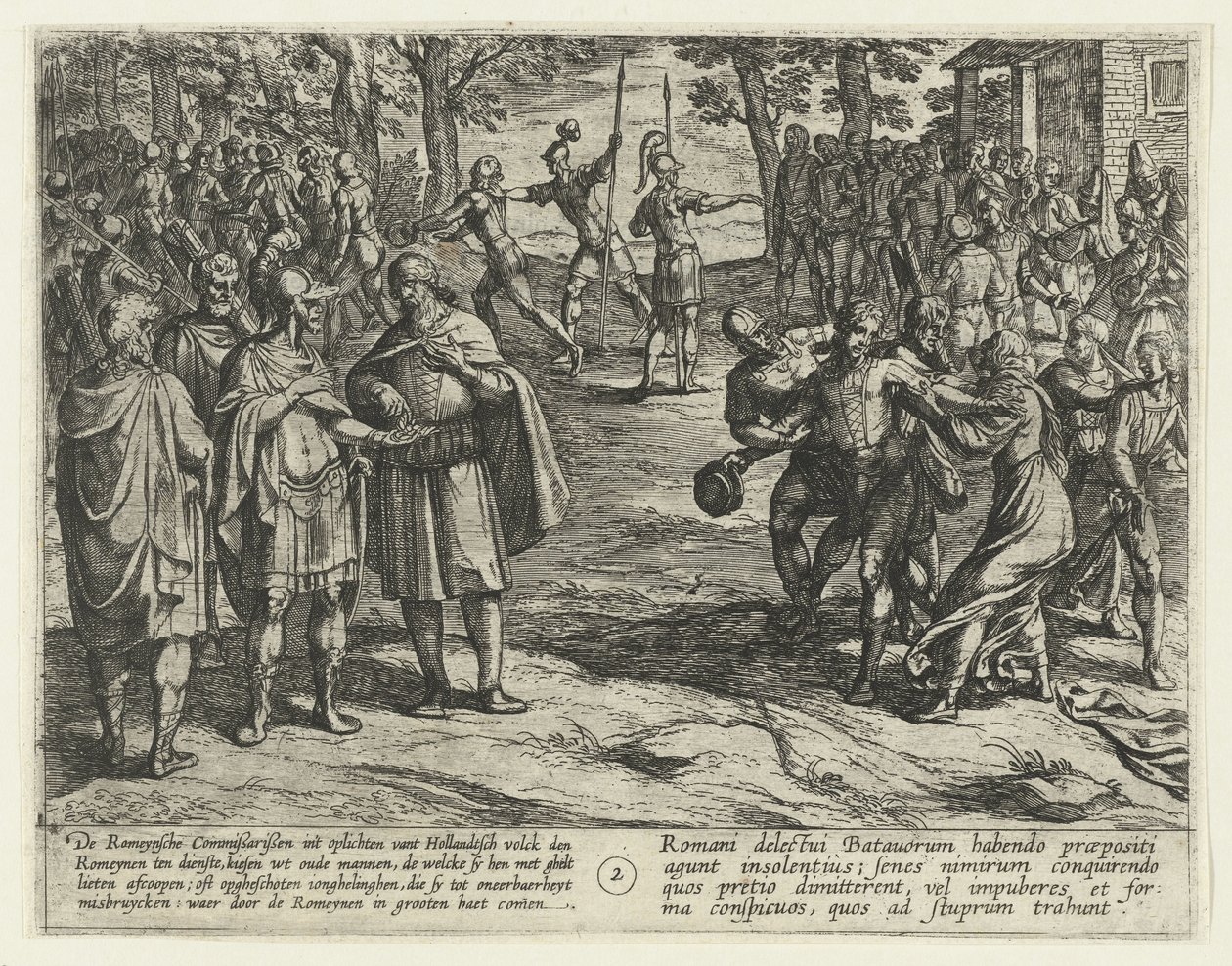 Staří batávští muži kupují své služby Římanům, 69-70 The Batavian Revolt (název série) Batavorum cum Romanis Bellum, kukuřice. Tacito / The Batavian Oft Oude Hollandtsche Krijghe teghen de Romeynen (název série na objektu) od Antonio Tempesta