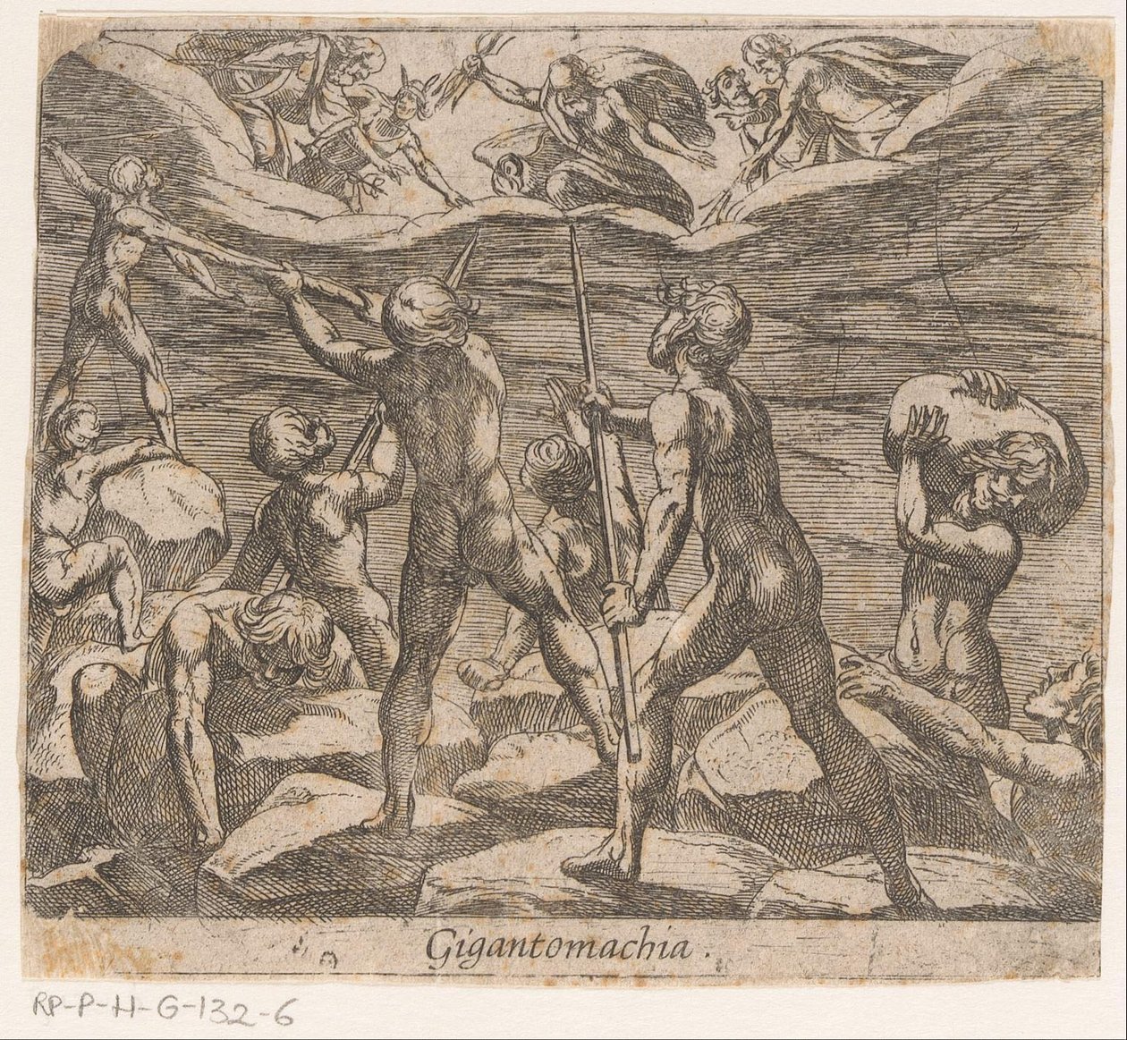 Obři se snaží zaútočit na Olymp Gigantomachia (název na objektu) Metamorphoseon sive Transformum (název série) Metamorfózy Ovidia (název série) od Antonio Tempesta