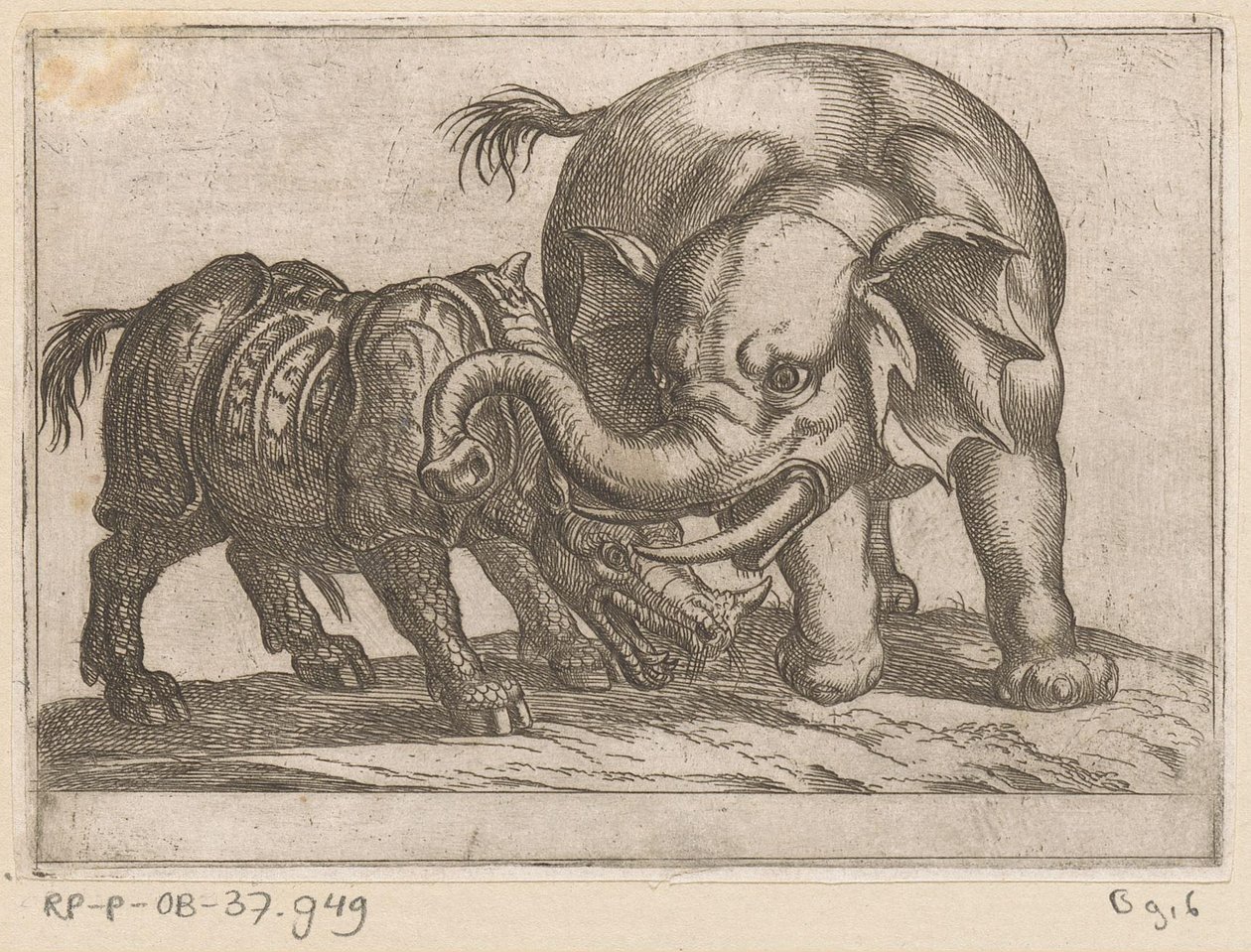 Een neushoorn vecht met een olifant Vechtende dieren (series title)   1362397   cs       czech Successfully Translated  Original: Trompe lOeil with Falconers Bag and other Equipment for Falconry Translat: Trompe l