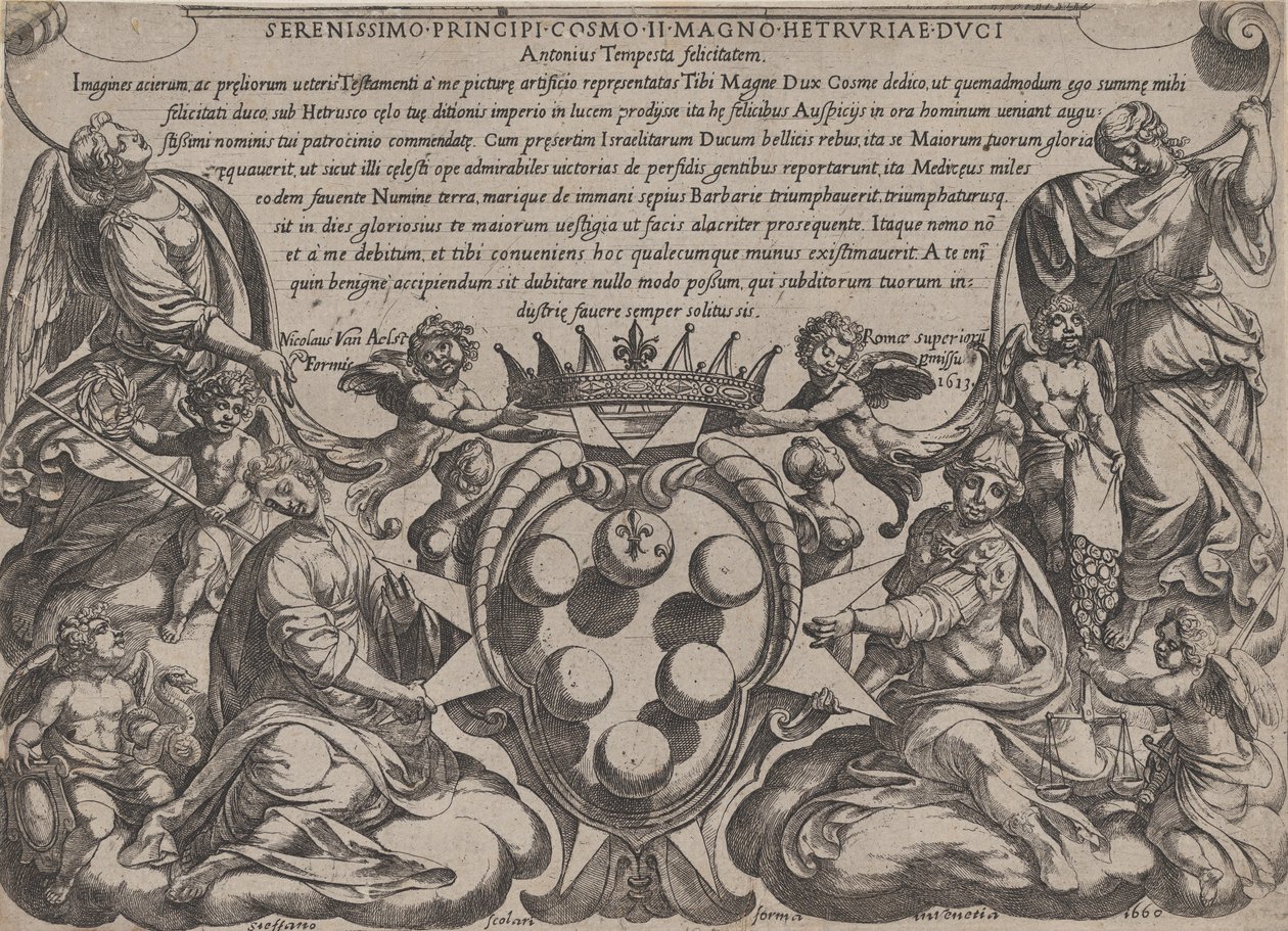 Frontispis k „Bitvám Starého zákona“ s pažemi Medicejských korunovaných ..., 1660. od Antonio Tempesta