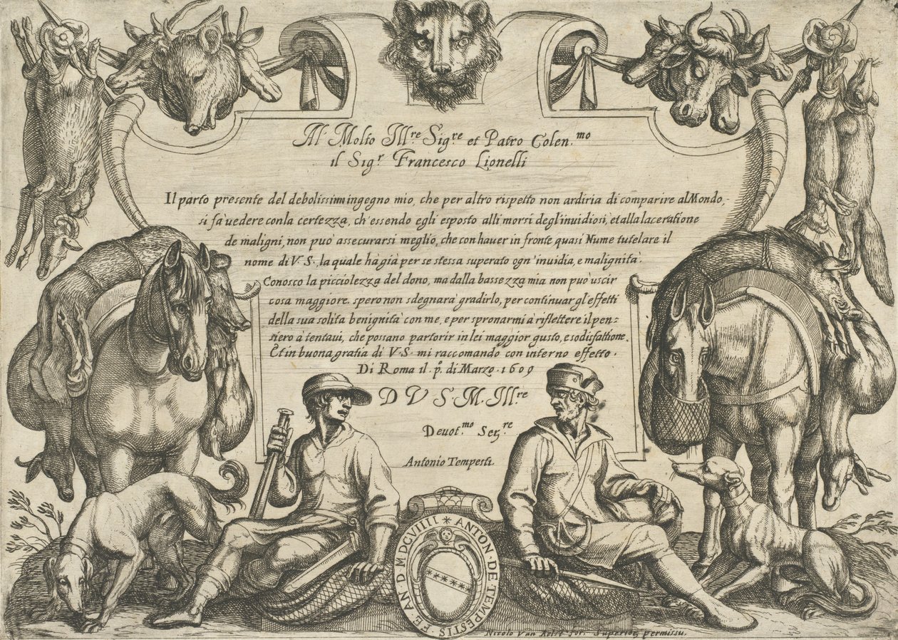 Frontispis s lovci, psy a koňmi, z „Loveckých scén VI“, 1609. od Antonio Tempesta
