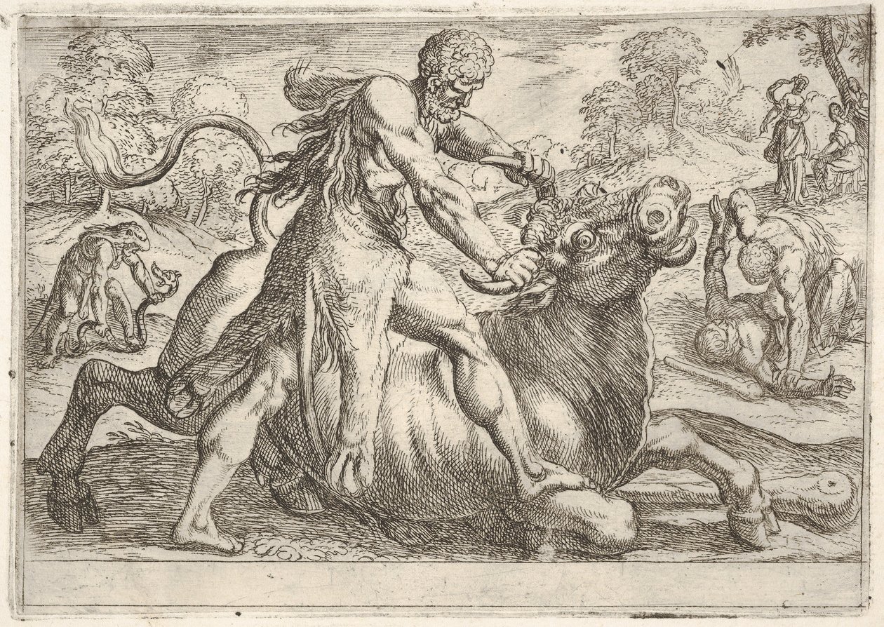 Hercules a Achelous: uprostřed Herkules uchopí rohy býka a stiskne jeho ri..., 1608. od Antonio Tempesta