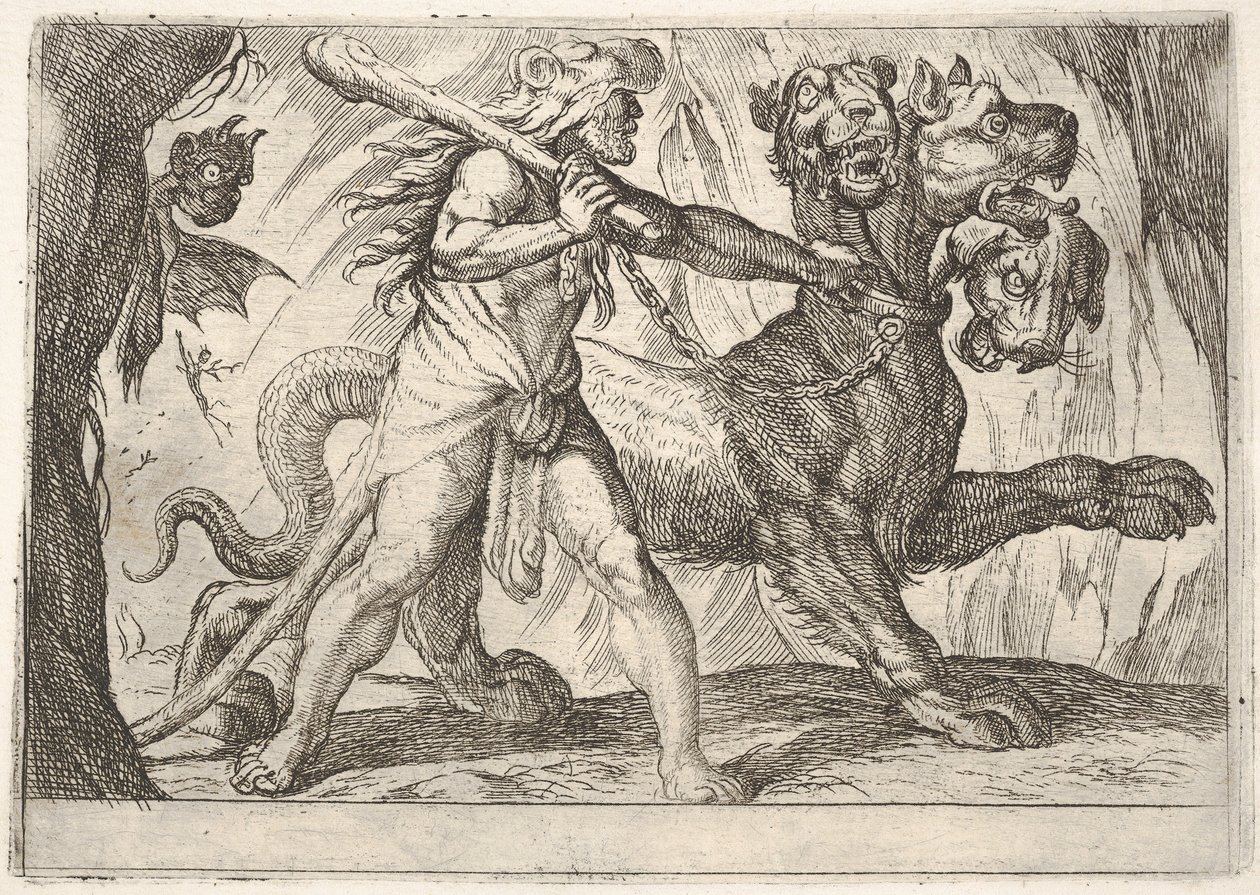 Herkules a Cerberus: Herkules uchopí Cerberův límec, vlevo se objeví dva démoni..., 1608. od Antonio Tempesta