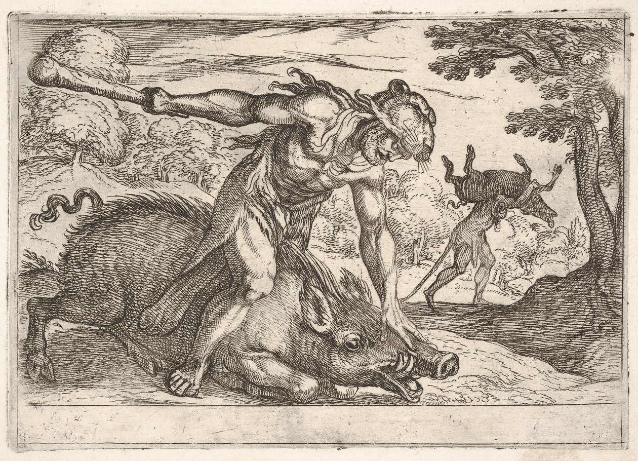 Herkules a kanec z Erymanthus: Herkules drží kančí čenich levou rukou..., 1608. od Antonio Tempesta