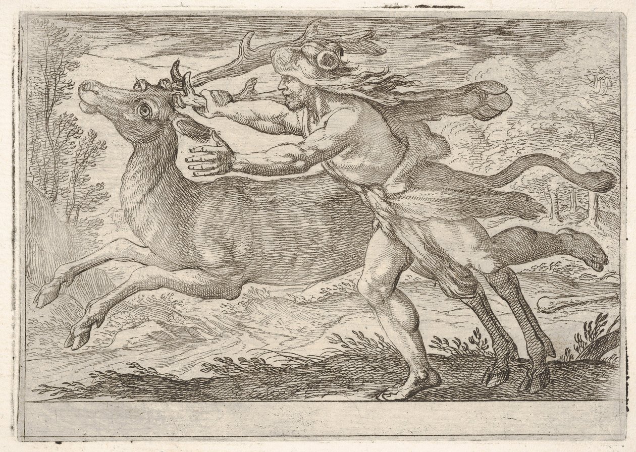 Herkules a zadní část hory Cerynea: Herkules kráčí podél zadní části a uchopí..., 1608. od Antonio Tempesta