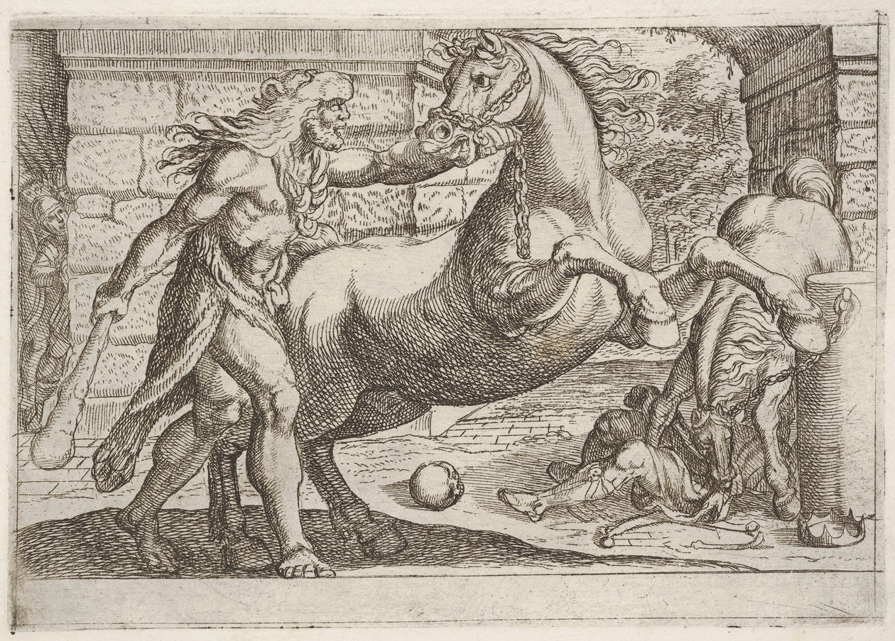 Herkules a klisny Diomedovy: Herkules uchopí uzdu vzpínajícího se koně, druhého..., 1608. od Antonio Tempesta