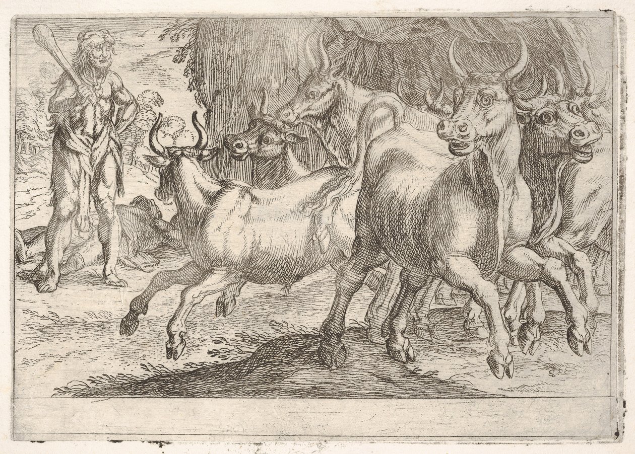 Herkules a voli z Geryones: S kyjem zvednutou pravou rukou se Herkules postaví..., 1608. od Antonio Tempesta