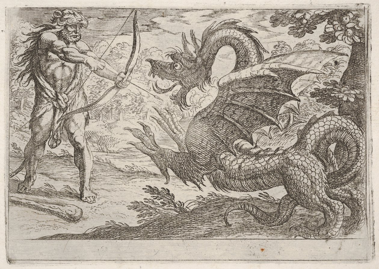 Herkules a had Ladon: Herkules natahuje luk, vzpínající se had se objevuje v pro..., 1608. od Antonio Tempesta
