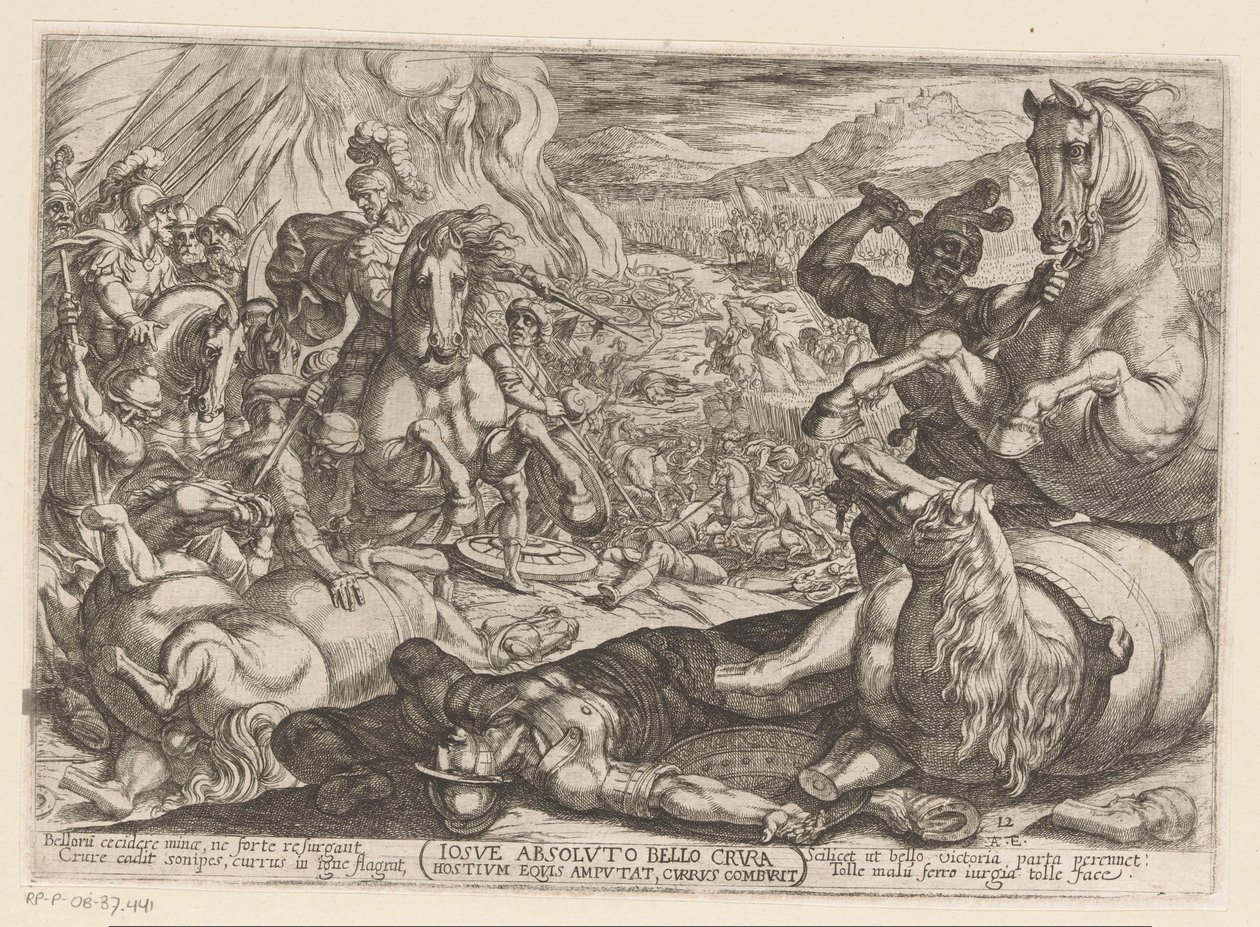 Jozue paralyzuje koně a spálí vozy národů Iosue absoluto bello crura hostium equis amputat, currus comburit (název na objektu) Starý zákon bitevní scény (název série) od Antonio Tempesta