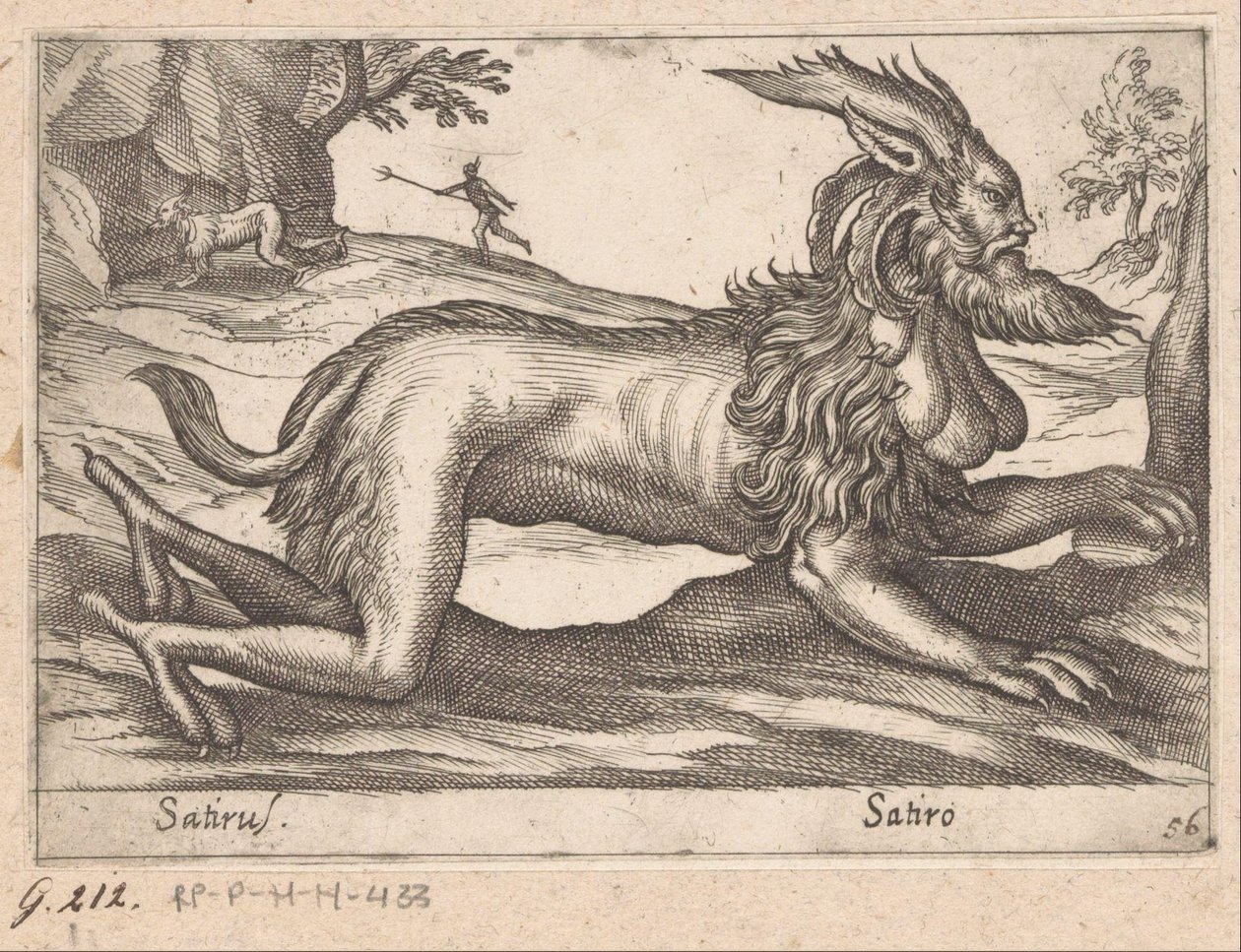 monstrózní stvoření Satirus/ Satiro (název na objektu) Zvířata a mýtická stvoření (název série) Nova raccolta de li animali piu curiosi del mondo (název série) od Antonio Tempesta
