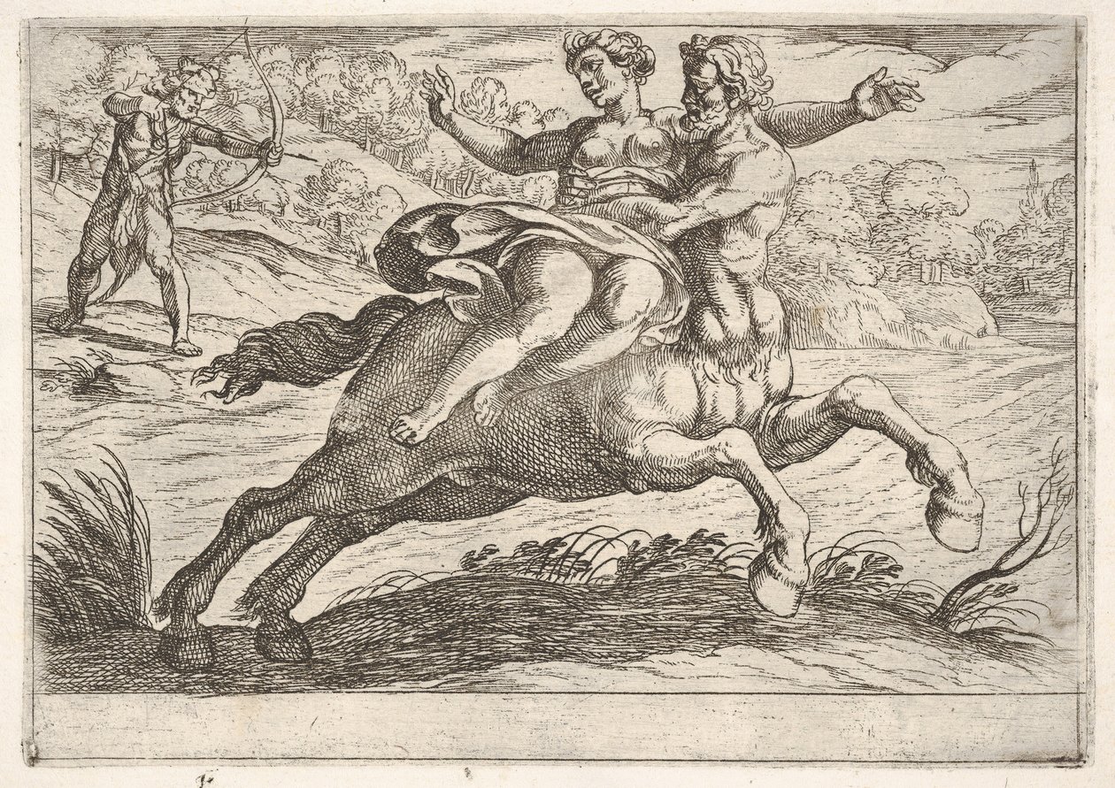Nessus se pokouší vzít Dejaniru od Herkula: Nessus drží Dejanira na zádech, když..., 1608. od Antonio Tempesta