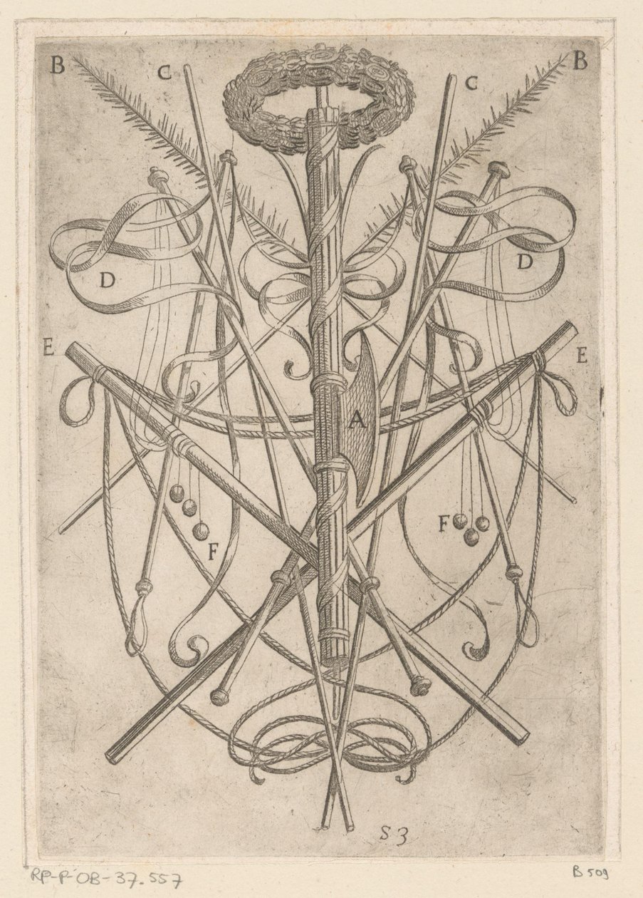 Ornament s mučícími nástroji Mučení křesťanských mučedníků (název série) Varia tormentorum et supplicioru rawlium (...) (název série) od Antonio Tempesta
