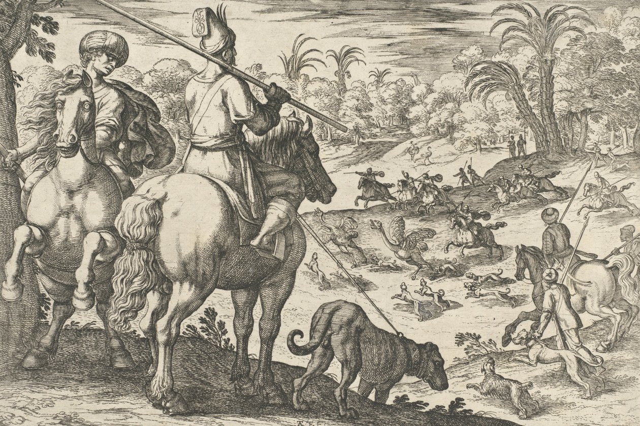 Hon na pštrosa, z „Loveckých scén VI“, 1609. od Antonio Tempesta
