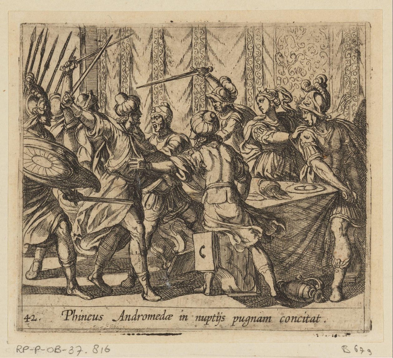Phineus verstoort de svatba Persea v Andromedě Phineus vyprovokuje Andromedu k boji na její svatbě (titul na předmětu) Metamorphoseon nebo transformace (název série) Metamorfosen van Ovidius (název série) od Antonio Tempesta