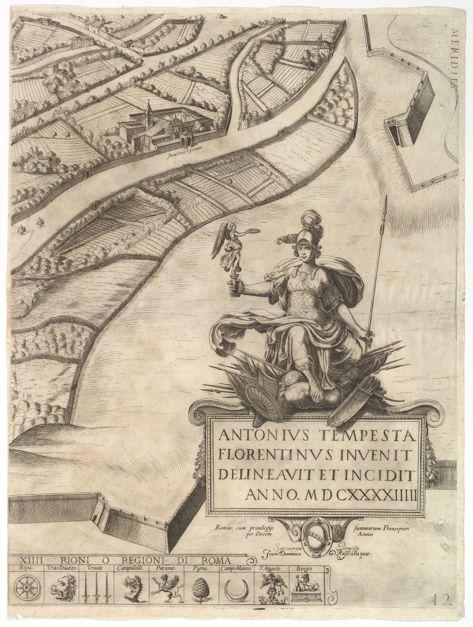 Plán města Říma. 12. díl s jihozápadní hranicí města a velkým autem..., 1645. od Antonio Tempesta