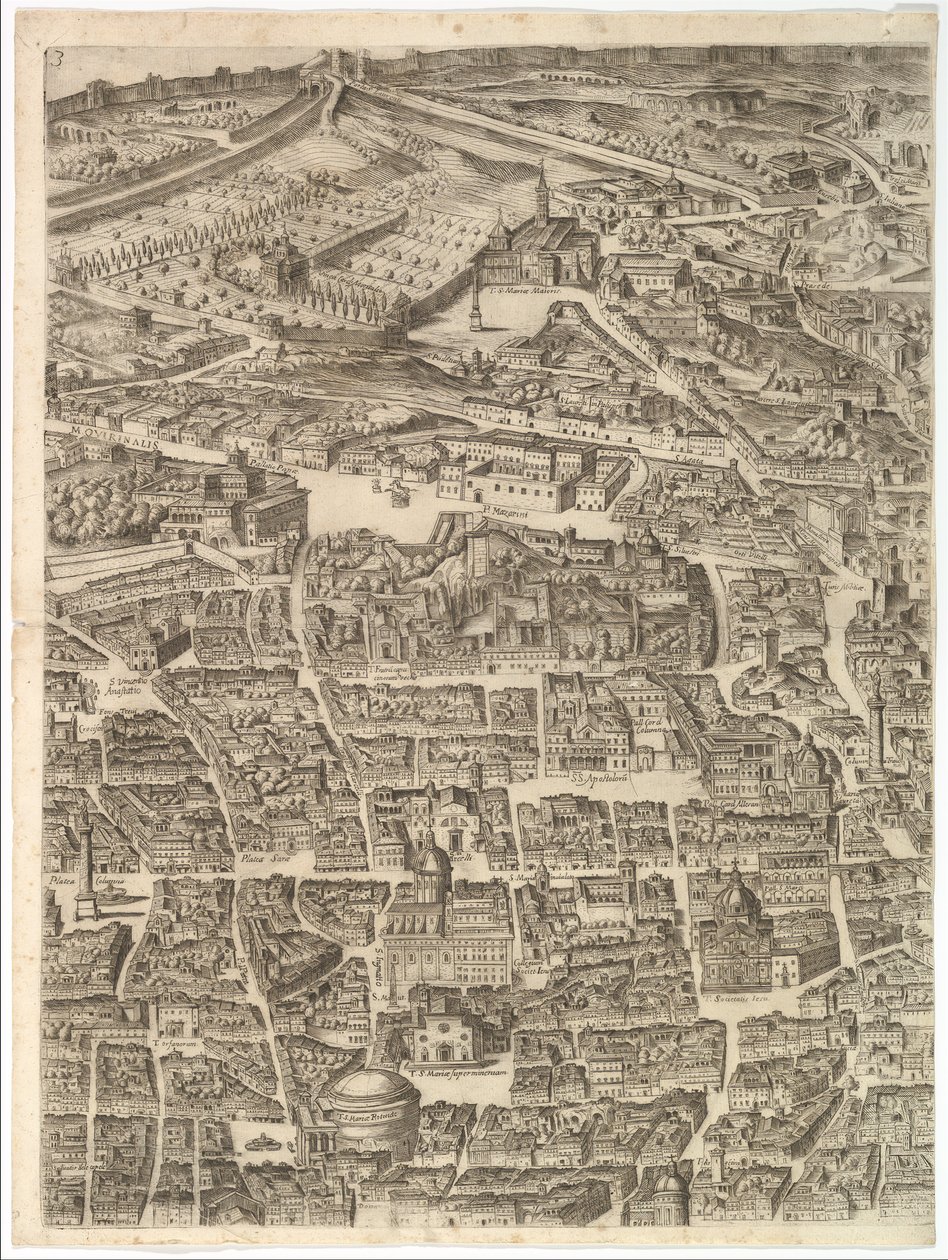 Plán města Říma. Část 3 se Santa Maria Maggiore, Pantheonem a Trajánovým ..., 1645. od Antonio Tempesta