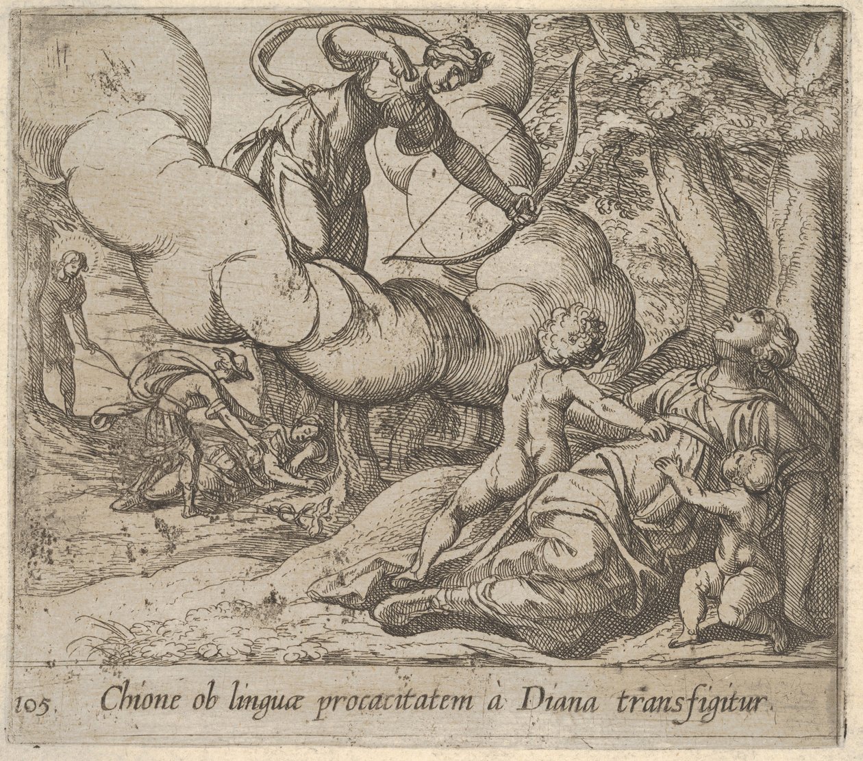 Talíř 105: Diana míří lukem směrem k Chione, kterou doprovázejí dvě děti, v anot..., 1606. od Antonio Tempesta