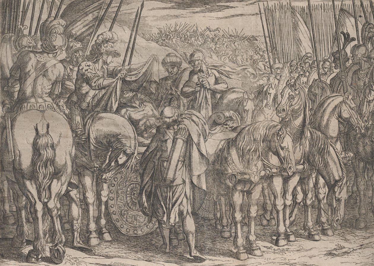 Deska 10: Alexander nalézá Dareiovo tělo, ze Skutků Alexandra Velikého,, 1608. od Antonio Tempesta