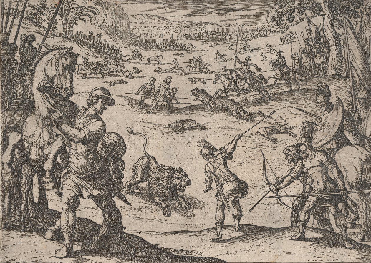 Deska 11: Alexandrův lov na lva, z Činy Alexandra Velikého, 1608., od Antonio Tempesta