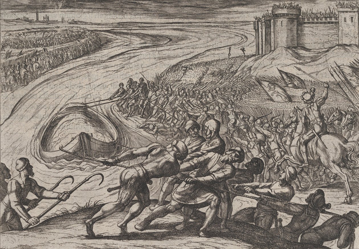 Talíř 12: Vytažení plavidla naloženého obilím na břeh, z Války Římanů proti ..., 1611. od Antonio Tempesta