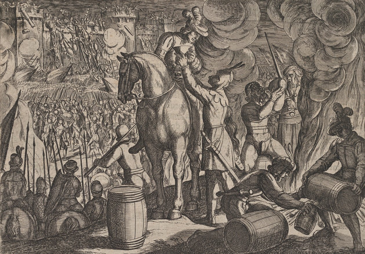 Deska 13: Útok na římskou pevnost v noci, z Války Římanů proti Ba..., 1611. od Antonio Tempesta