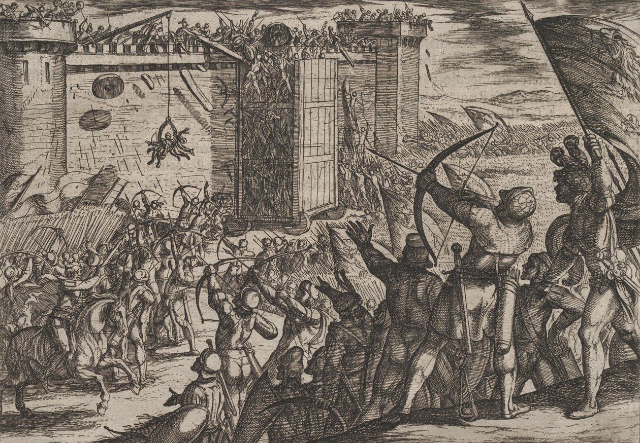 Deska 14: Nový útok na starou pevnost, z Války Římanů proti Bataviánům..., 1611. od Antonio Tempesta