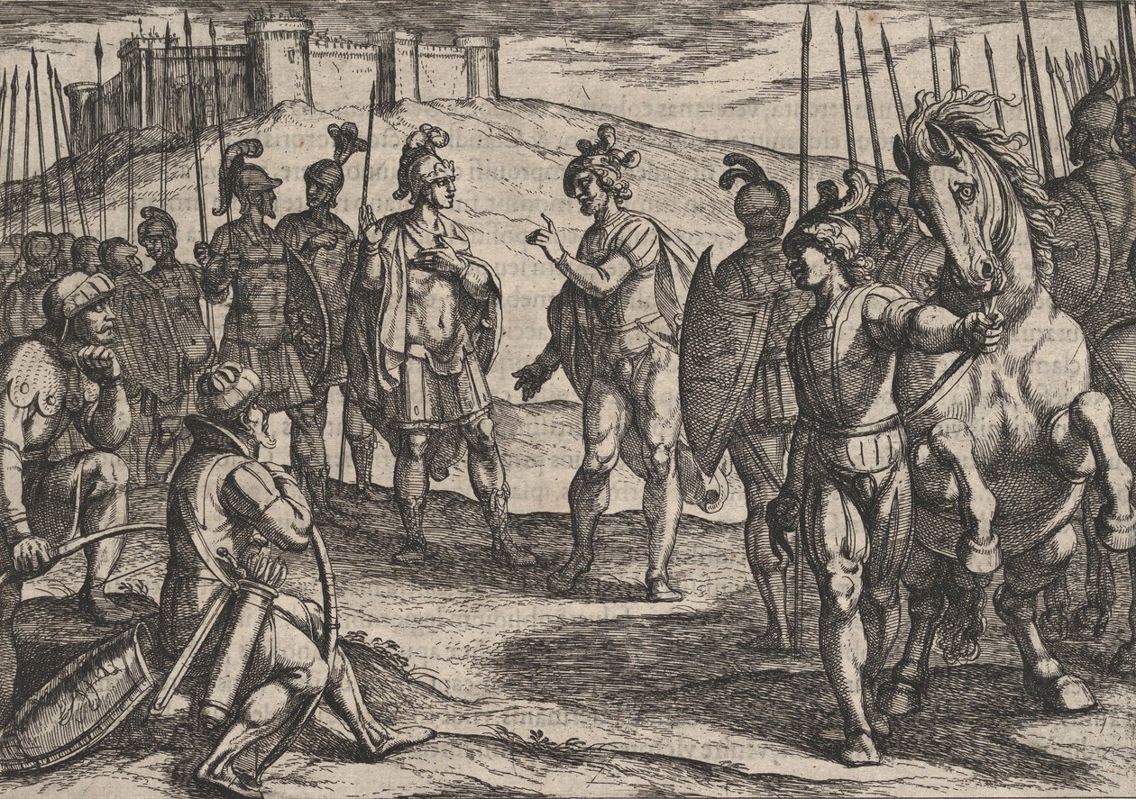 Talíř 15: Civilis Treating with a Roman Commander, z Války Římanů proti ..., 1611. od Antonio Tempesta