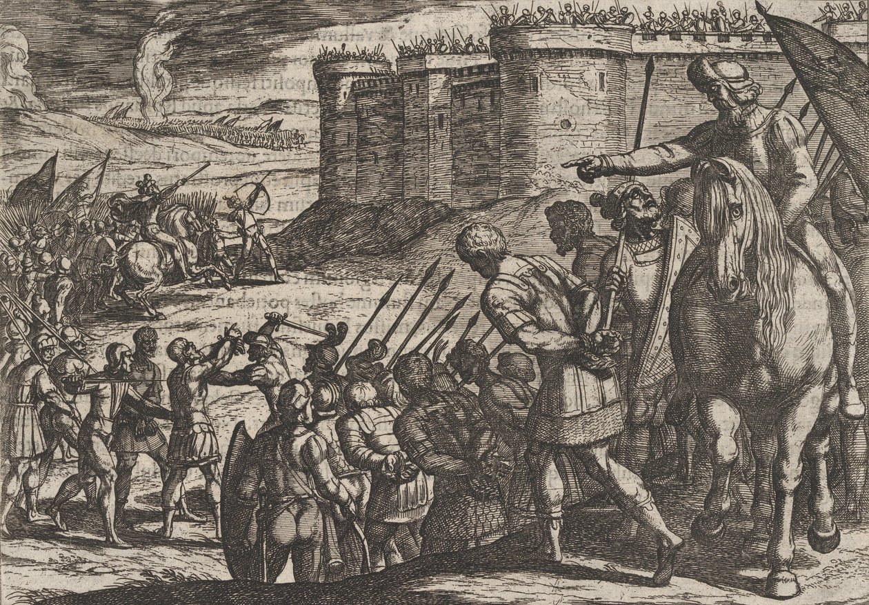 Deska 16: Římští zajatci před starou pevností, z Války Římanů proti B..., 1611. od Antonio Tempesta