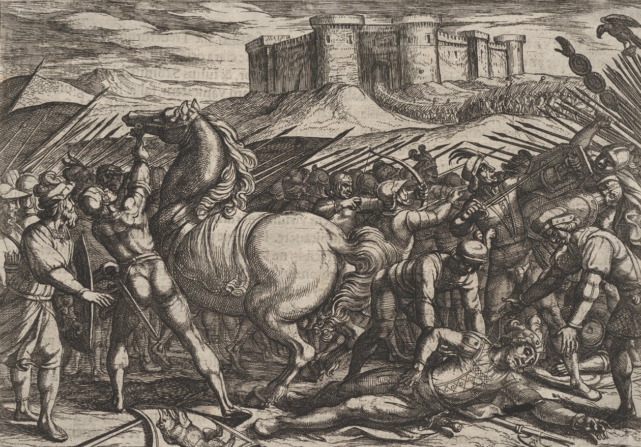 Deska 17: Římané svedeni Civilisovým koněm, aby uvěřili, že je mrtvý nebo zraněný, od..., 1611. od Antonio Tempesta