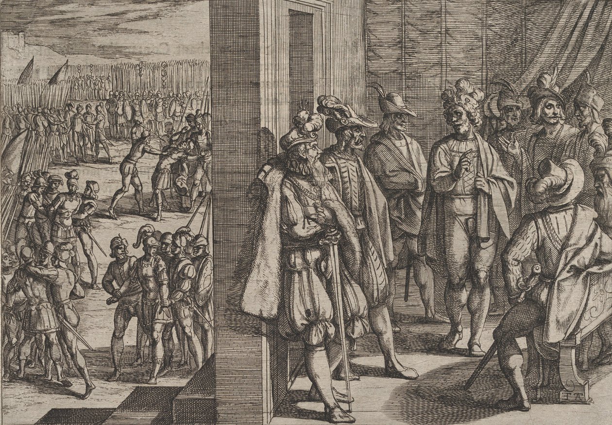 Talíř 18: Tajné setkání Civilis s dalšími vůdci z Trevíru, z Války Romů..., 1611. od Antonio Tempesta