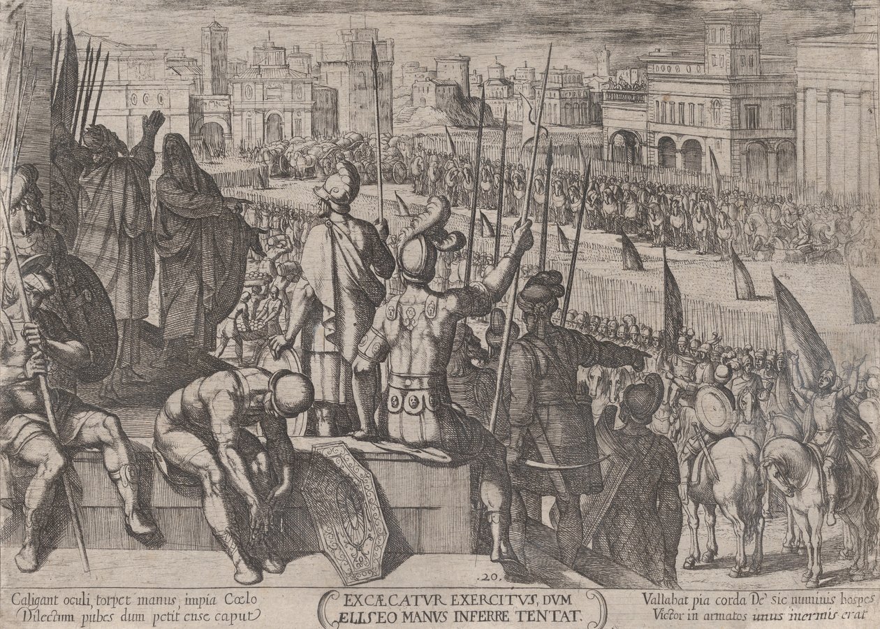 Talíř 20: Elizeus přivádí zaslepenou syrskou armádu ke králi Izraele, od..., ca. 1590-cca. 1610. od Antonio Tempesta