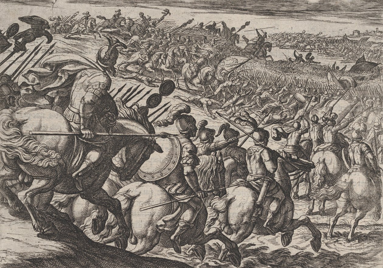 Talíř 25: Římský velitel Cerialis útočí u Trevíru, z Války Římanů Agai..., 1611. od Antonio Tempesta