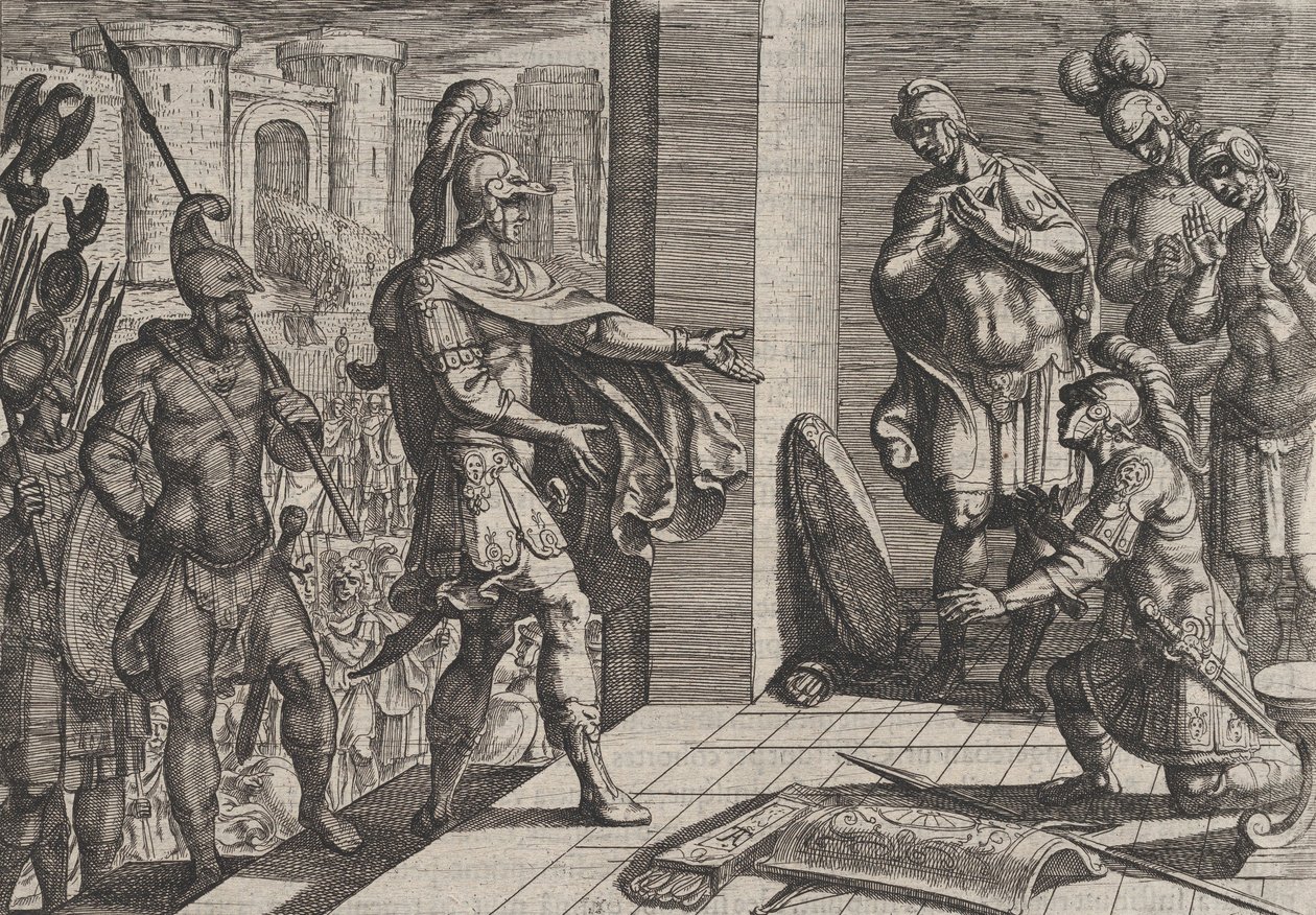 Deska 26: Cerialis omilostňuje a osvobozuje římské vojáky, kteří pomáhali Civilis, z The Wa..., 1611. od Antonio Tempesta