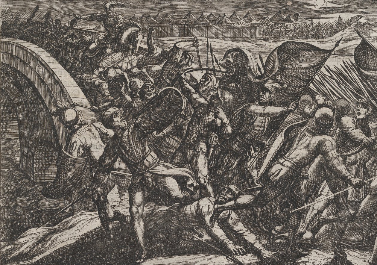 Talíř 27: Holanďané během překvapivého útoku na římský tábor na Mosele, z Wa..., 1611. od Antonio Tempesta