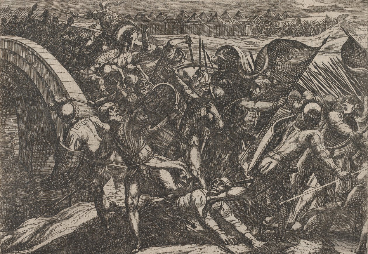 Talíř 27: Holanďané během překvapivého útoku na římský tábor na Mosele, z Wa..., 1611. od Antonio Tempesta