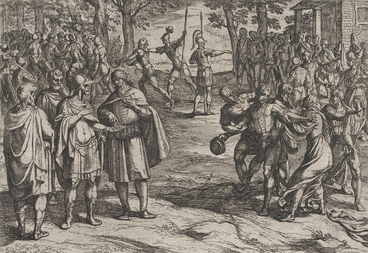 Talíř 2: Římané berou staré Holanďany jako rukojmí a svádějí mladé, z Války..., 1611. od Antonio Tempesta