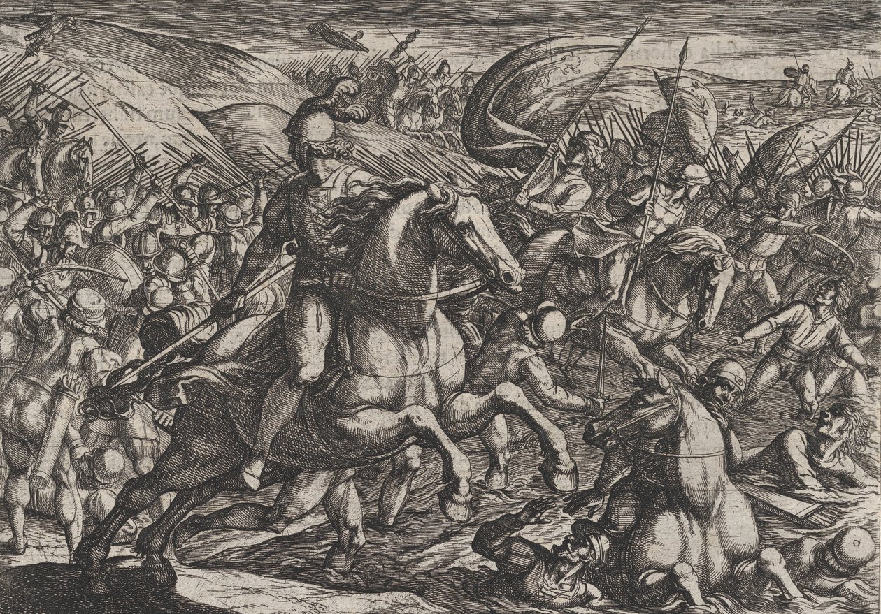 Deska 30: Cerialis Hnací Holanďany do Rýna, z Války Římanů proti..., 1611. od Antonio Tempesta