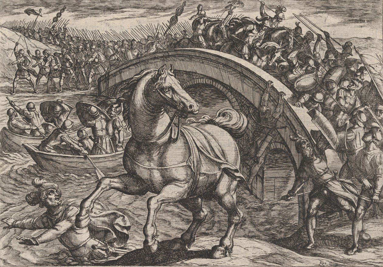 Plate 31: Civilis nucený sesednout a přeplavat řeku, z Války Římanů..., 1611. od Antonio Tempesta