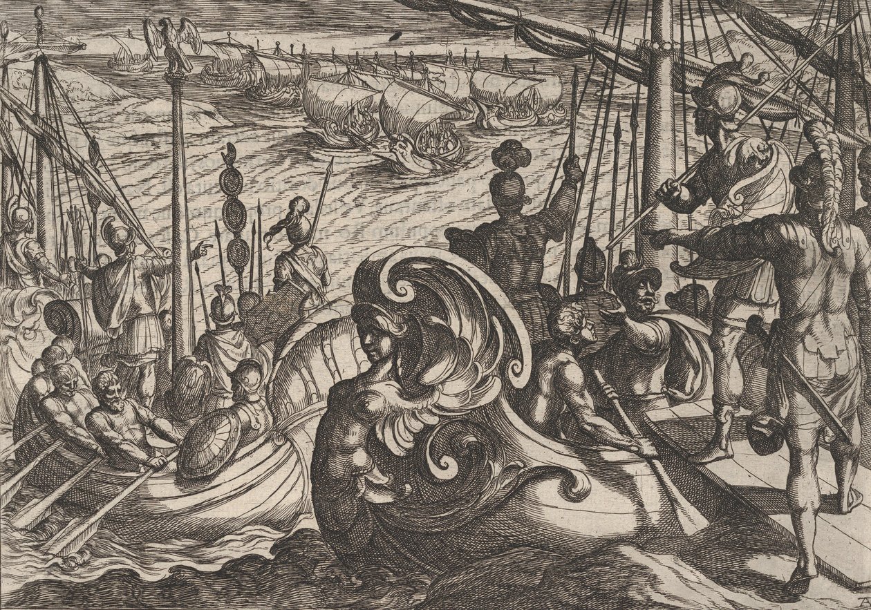 Deska 33: Holandské a římské flotily na Rýně, z Války Římanů proti B..., 1611. od Antonio Tempesta