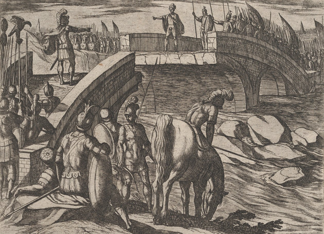 Plate 36: Civilis a Cerialis se setkávají na rozbitém mostě, aby dosáhli dohody, z The War of..., 1611. od Antonio Tempesta