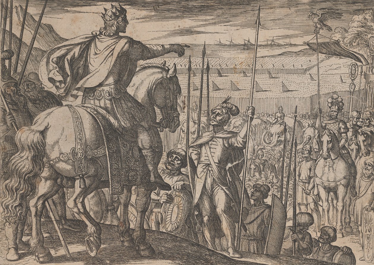 Talíř 3: Alexander Instructing his Soldiers, z The Deeds of Alexander the Great, 1608. od Antonio Tempesta
