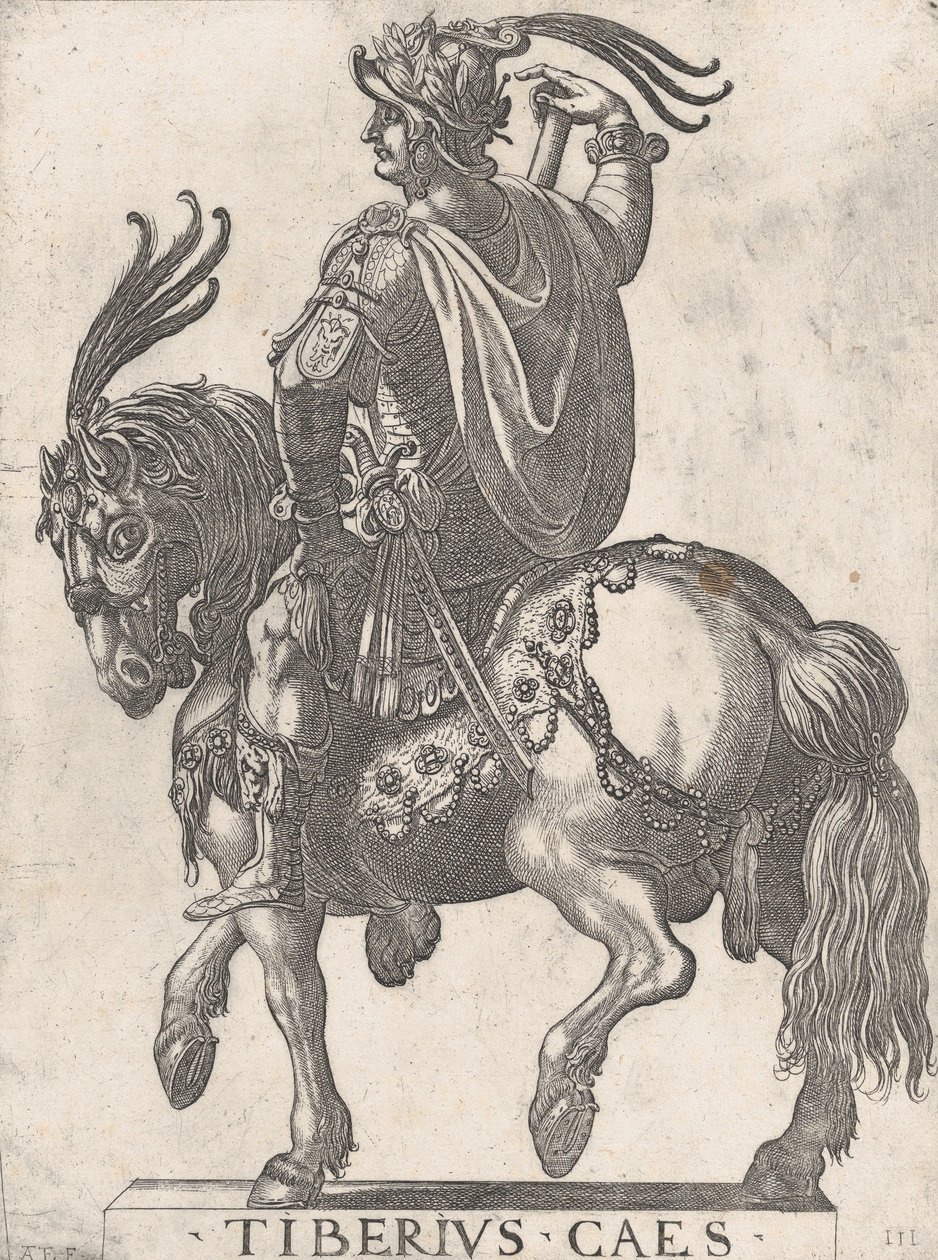 Deska 3: Císař Tiberius na koni, z „Prvních dvanácti římských císařů“, 1596. od Antonio Tempesta