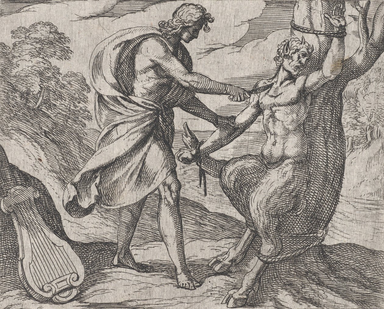 Deska 58: Apollo zabíjení Marsyas Marsyas poražen Apollónem z Ovidiových ‚Met..., 1606. od Antonio Tempesta