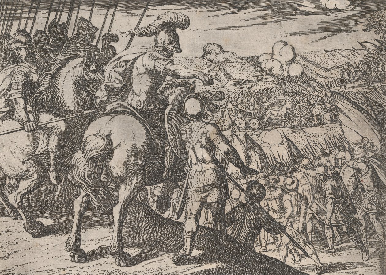 Talíř 5: Alexander řídí bitvu, z The Deeds of Alexander the Great, 1608., od Antonio Tempesta