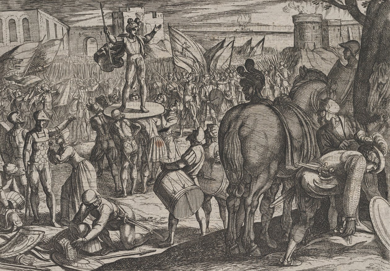 Deska 5: Bruno jmenovaný vůdcem Caninefates, z Války Římanů proti..., 1611. od Antonio Tempesta