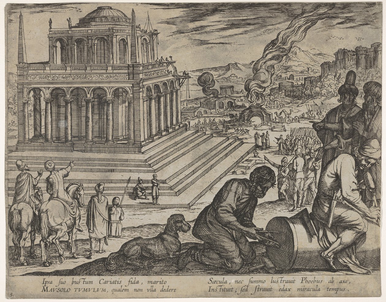 Deska 5: Hrobka Mausolus, kameníci dělají sloup vpravo, ze Sedmi divů..., 1608. od Antonio Tempesta