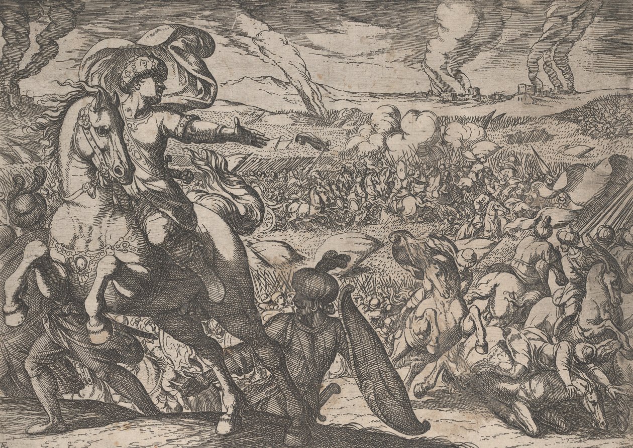 Deska 6: Darius prchající z bitevního pole, ze Skutků Alexandra Velikého, 1608. od Antonio Tempesta