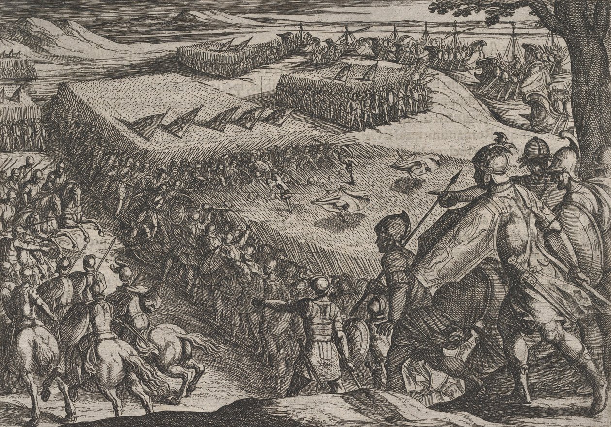 Deska 6: Římané poraženi u Rýna, z Války Římanů proti Bataviánům ..., 1611. od Antonio Tempesta