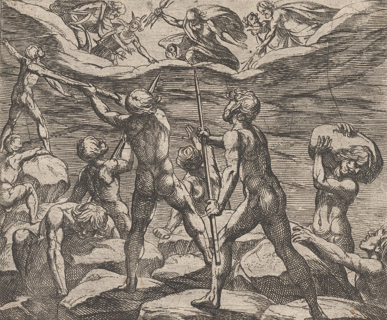 Deska 6: Obři se pokoušejí zaútočit na Olympus Gigantomachia, z Ovidiovy 
