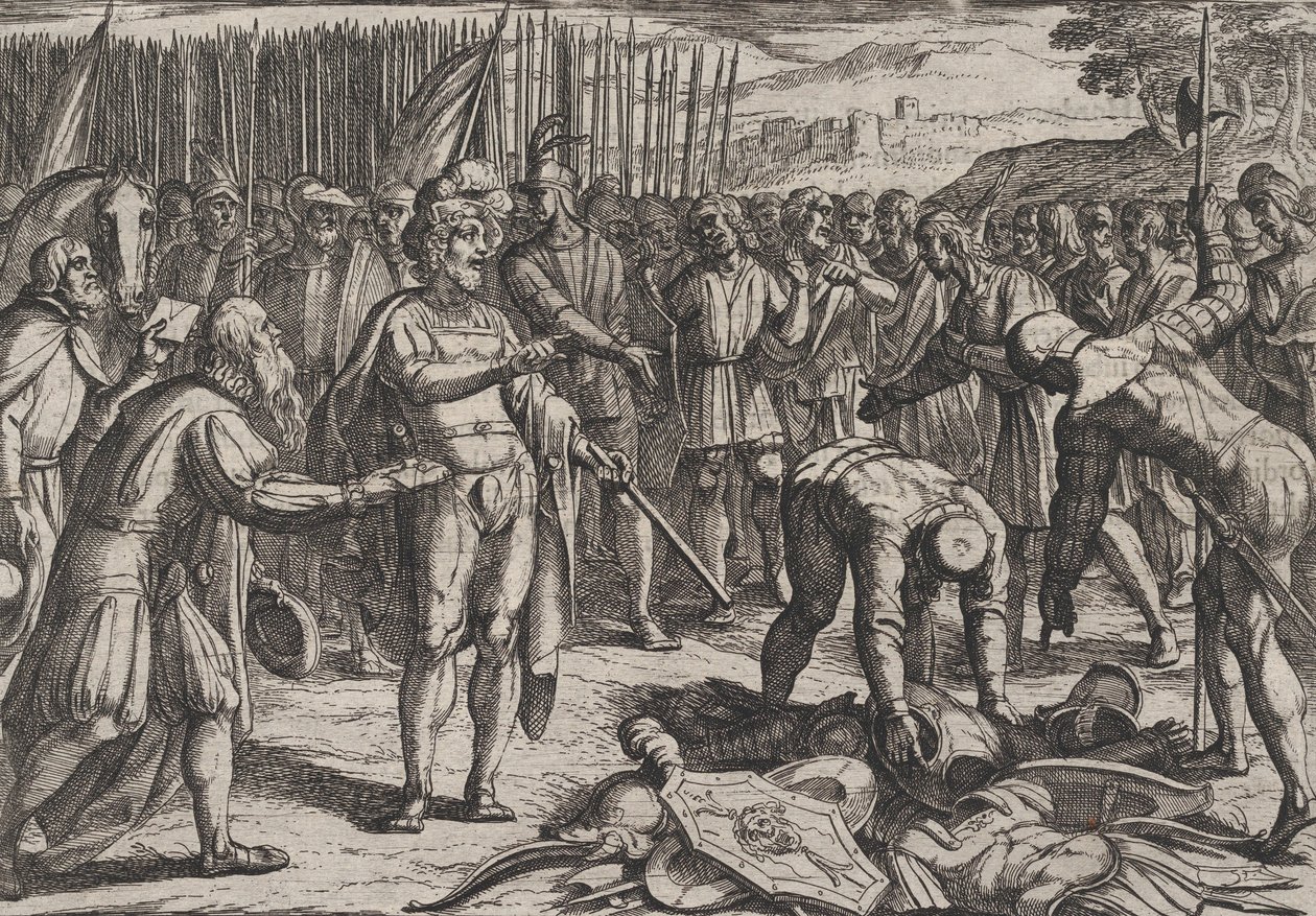 Deska 7: Němečtí vyslanci navštěvují Civilis, z Války Římanů proti Bataviánům Ro..., 1611. od Antonio Tempesta